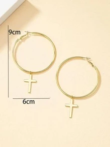 Cross Decor Hoop Earrings - Yellow Gold - View 3
