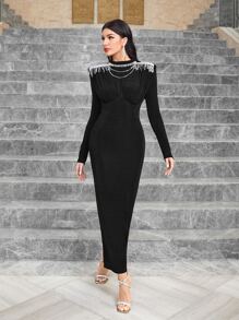 Modelyn Mock Neck Fringe Trim Split Back Bodycon Dress - Black - View 3