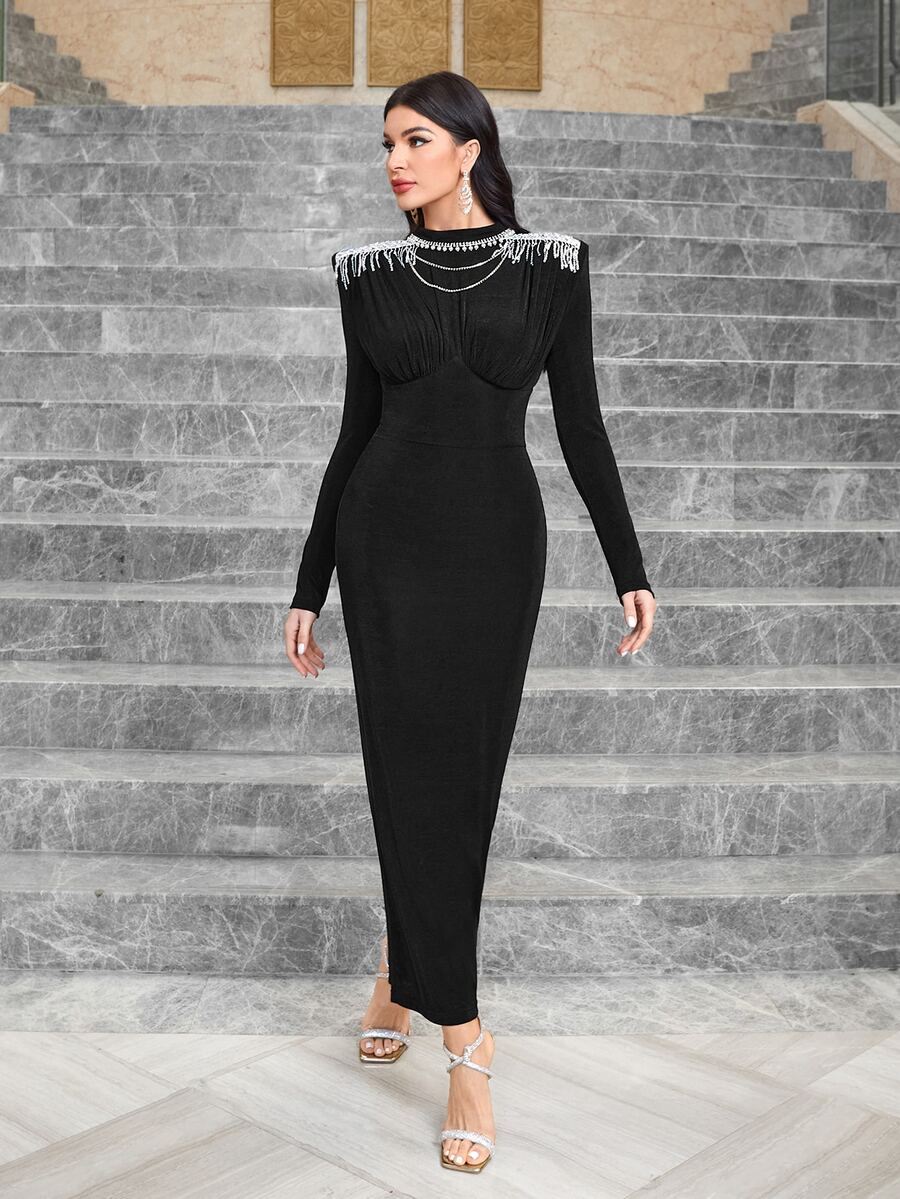 Modelyn Vestido ajustado de cuello alto ribete con fleco con abertura trasera - Negro - Ver 1