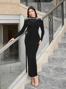 Modelyn Mock Neck Fringe Trim Split Back Bodycon Dress - Black - View 4