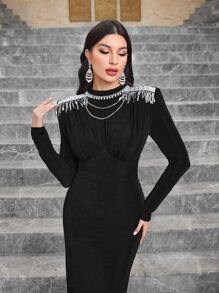 Modelyn Mock Neck Fringe Trim Split Back Bodycon Dress - Black - View 5