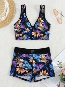 SHEIN Swim Summer Beach Tropical Print Tankini Set Wrap Tank Top & V-Waist Shorts 2 Piece Bathing Suit