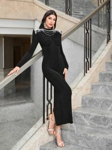 Modelyn Mock Neck Fringe Trim Split Back Bodycon Dress - Black - View 7