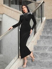 Modelyn Mock Neck Fringe Trim Split Back Bodycon Dress - Black - View 8