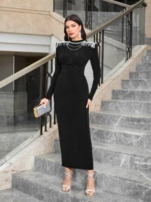 Modelyn Mock Neck Fringe Trim Split Back Bodycon Dress - Black - View 9