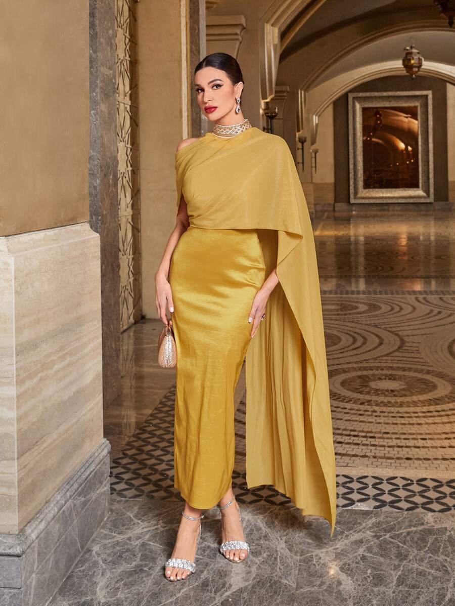 Modelyn Đầm Bất đối xứng Tương phản Mesh Pha lê kim cương Chia Dây kéo màu trơn Buổi tiệc - Màu vàng - Xem 1