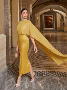 Modelyn Đầm Bất đối xứng Tương phản Mesh Pha lê kim cương Chia Dây kéo màu trơn Buổi tiệc - Màu vàng - Xem 2