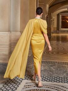 Modelyn Đầm Bất đối xứng Tương phản Mesh Pha lê kim cương Chia Dây kéo màu trơn Buổi tiệc - Màu vàng - Xem 3