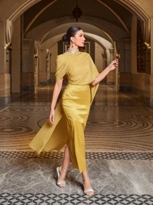 Modelyn Đầm Bất đối xứng Tương phản Mesh Pha lê kim cương Chia Dây kéo màu trơn Buổi tiệc - Màu vàng - Xem 4