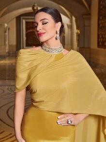 Modelyn Đầm Bất đối xứng Tương phản Mesh Pha lê kim cương Chia Dây kéo màu trơn Buổi tiệc - Màu vàng - Xem 5