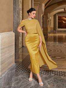 Modelyn Đầm Bất đối xứng Tương phản Mesh Pha lê kim cương Chia Dây kéo màu trơn Buổi tiệc - Màu vàng - Xem 6