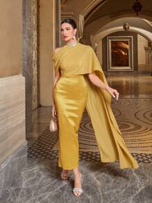 Modelyn Đầm Bất đối xứng Tương phản Mesh Pha lê kim cương Chia Dây kéo màu trơn Buổi tiệc - Màu vàng - Xem 7