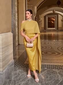 Modelyn Đầm Bất đối xứng Tương phản Mesh Pha lê kim cương Chia Dây kéo màu trơn Buổi tiệc - Màu vàng - Xem 8