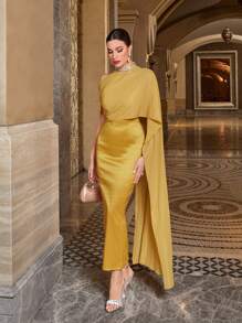 Modelyn Đầm Bất đối xứng Tương phản Mesh Pha lê kim cương Chia Dây kéo màu trơn Buổi tiệc - Màu vàng - Xem 9