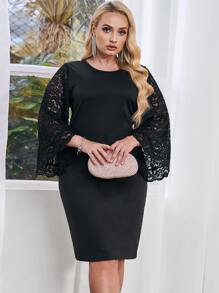 大碼蕾絲拼接喇叭袖連衣裙 - 黑色 - 查看 1