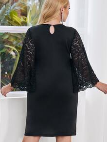 大碼蕾絲拼接喇叭袖連衣裙 - 黑色 - 查看 2