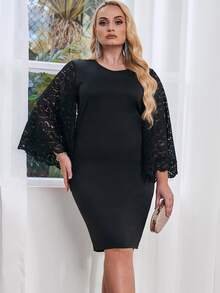 大碼蕾絲拼接喇叭袖連衣裙 - 黑色 - 查看 3