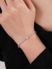 Cubic Zirconia Decor Silver Bracelet - White - View 7