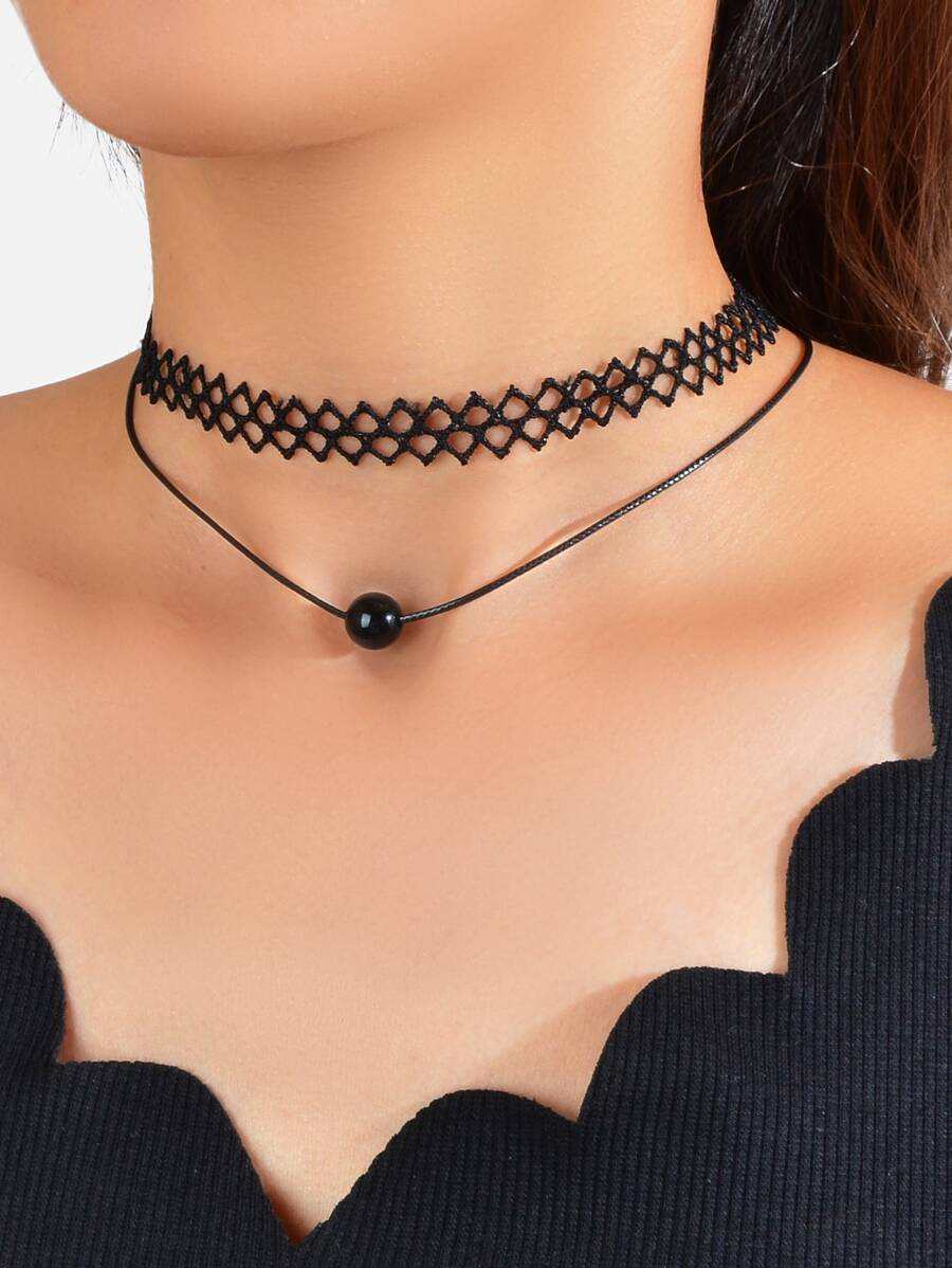 Gargantilla con diseño de cuenta a capas - Negro - Ver 1