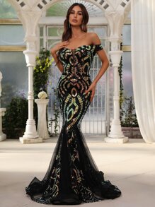 Mesh Panel Sequin Mermaid Formal Dress - Black - View 1
