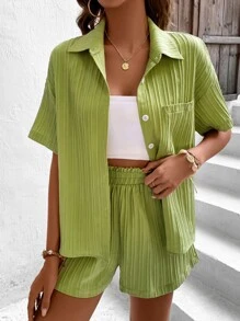 Chiquease Drop Shoulder Pocket Patched Shirt & Shorts - Lime Green - View 3