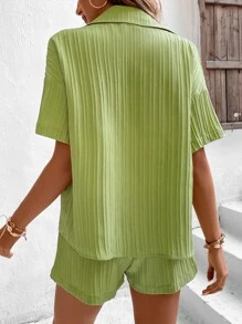 Chiquease Drop Shoulder Pocket Patched Shirt & Shorts - Lime Green - View 2