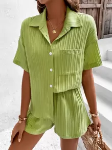 Chiquease Drop Shoulder Pocket Patched Shirt & Shorts - Lime Green - View 1