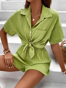 Chiquease Drop Shoulder Pocket Patched Shirt & Shorts - Lime Green - View 4