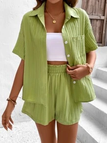 Chiquease Drop Shoulder Pocket Patched Shirt & Shorts - Lime Green - View 5