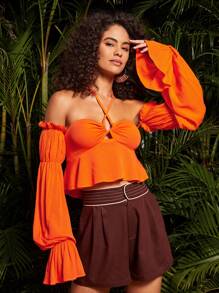 SHEINNeu Top crop de hombros descubiertos manga virago bajo con fruncido - Naranja - Ver 3