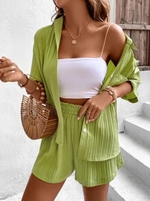 Chiquease Drop Shoulder Pocket Patched Shirt & Shorts - Lime Green - View 7