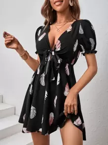 SHEIN VCAY Đầm viền lá sen Thắt nơ trước Bộ lạc Boho - màu đen - Xem 4