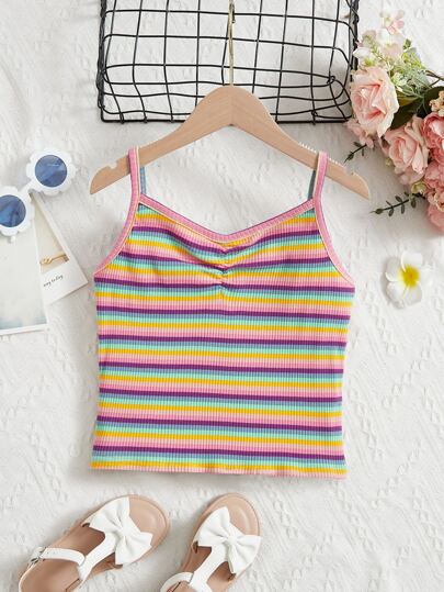 SHEIN Teen Girls Rainbow Striped Ruched Cami Top