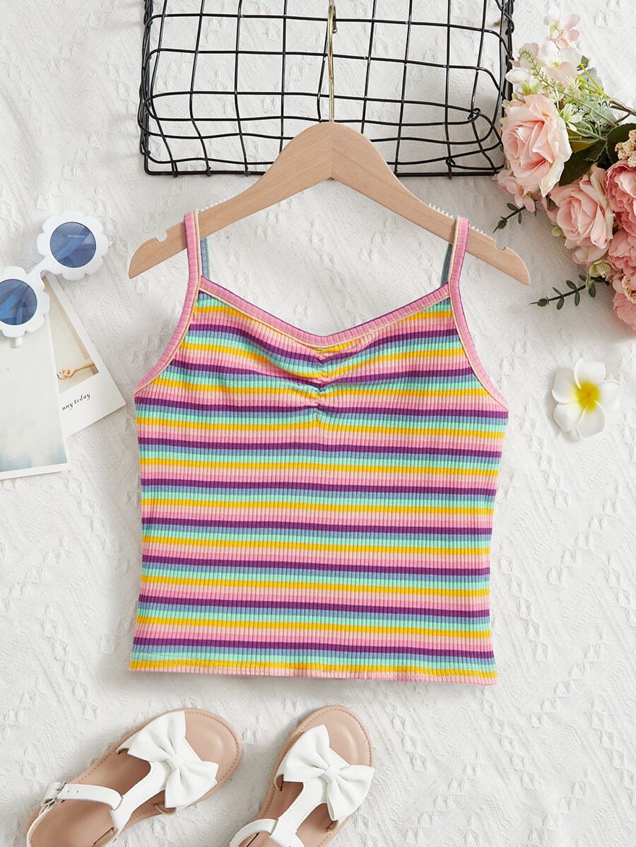 SHEIN Teen Girls Rainbow Striped Ruched Cami Top - Multicolor - View 1