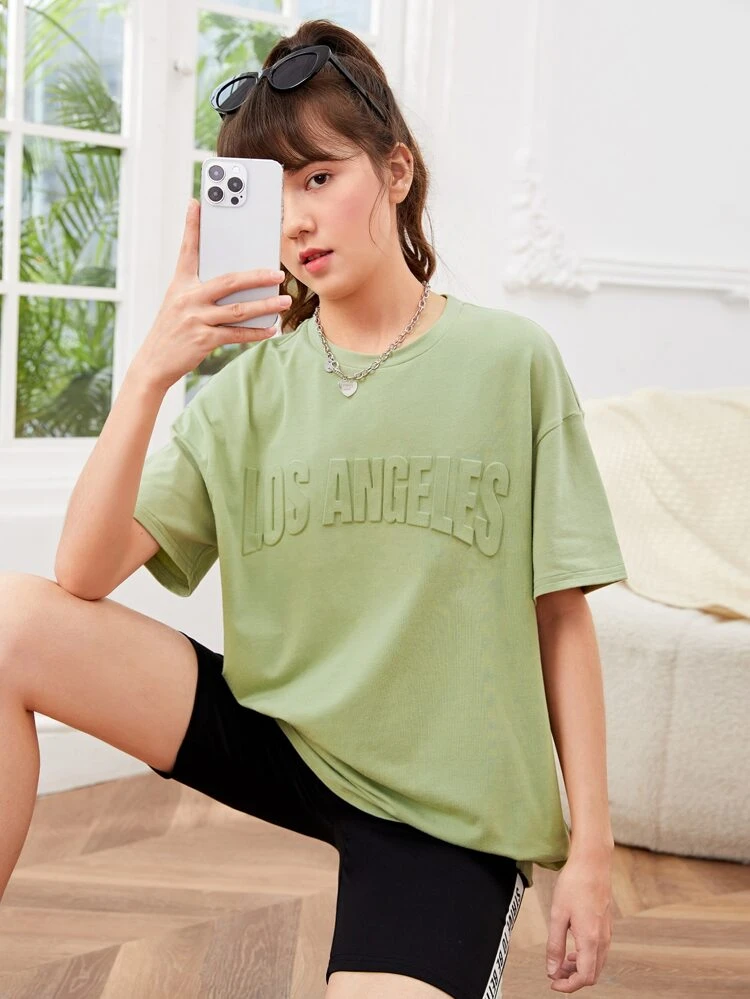 Teen Girls Letter Pattern Drop Shoulder Tee