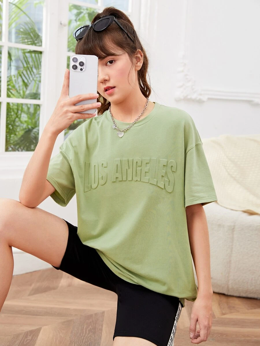 SHEIN 青少年女孩字母圖案落肩T恤 - 薄荷綠 - 查看 1