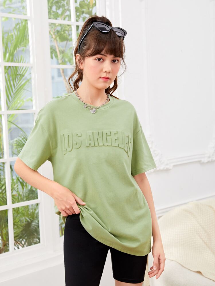 Teen Girls Letter Pattern Drop Shoulder Tee