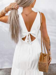 Đầm Lộ Lưng Viên lá sen Buộc lại Ruy băng Bộ lạc Boho - trắng - Xem 2