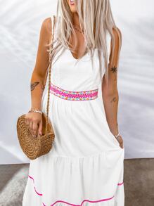 Đầm Lộ Lưng Viên lá sen Buộc lại Ruy băng Bộ lạc Boho - trắng - Xem 3