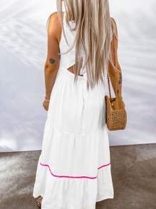 Đầm Lộ Lưng Viên lá sen Buộc lại Ruy băng Bộ lạc Boho - trắng - Xem 5
