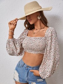 SHEIN VCAY 碎花方領燈籠袖短款襯衫 - 彩色 - 查看 5