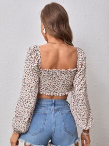 SHEIN VCAY 碎花方領燈籠袖短款襯衫 - 彩色 - 查看 2