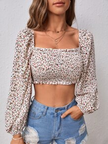 SHEIN VCAY 碎花方領燈籠袖短款襯衫 - 彩色 - 查看 6