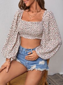 SHEIN VCAY 碎花方領燈籠袖短款襯衫 - 彩色 - 查看 1