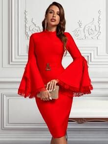 蕾絲邊荷葉袖後背開衩腰帶緊身連衣裙 - 紅色 - 查看 4