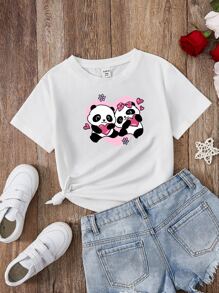 SHEIN 青少年女孩貓熊和愛心圖案T恤