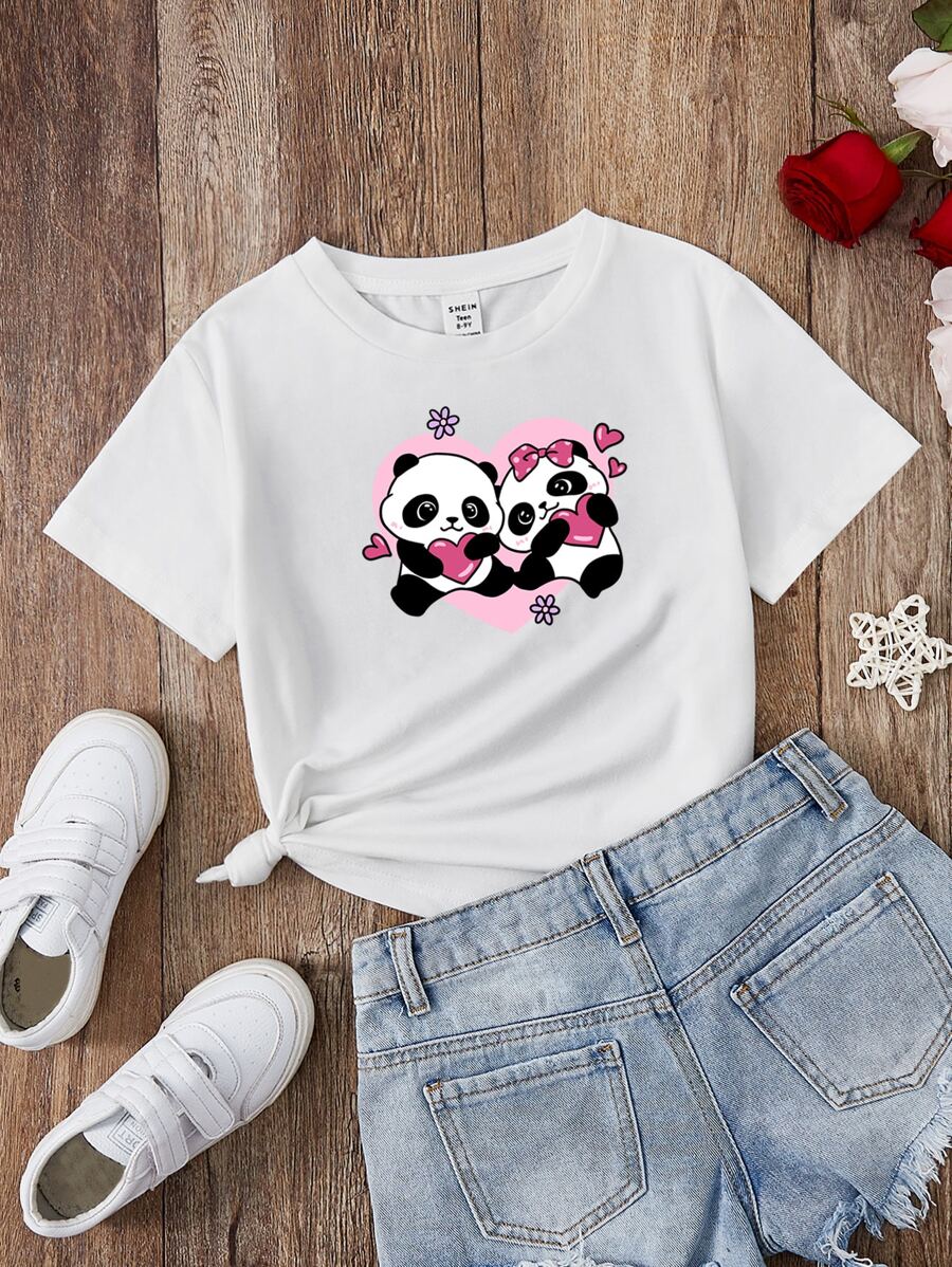 SHEIN 青少年女孩貓熊和愛心圖案T恤