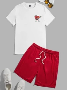 Manfinity VCAY Men Cartoon Graphic Tee & Track Shorts Set - Red - View 1