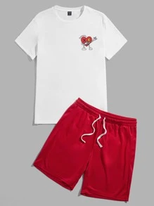Manfinity VCAY Men Cartoon Graphic Tee & Track Shorts Set - Red - View 3