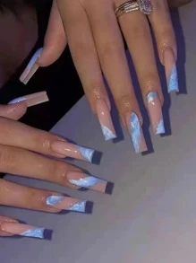 Elevate Your Style with 24pcs Long Square Blue French Smudged Color Block Striped Fake Nail & 1sheet Tape & 1pc Nail File - Multicolor - View 1